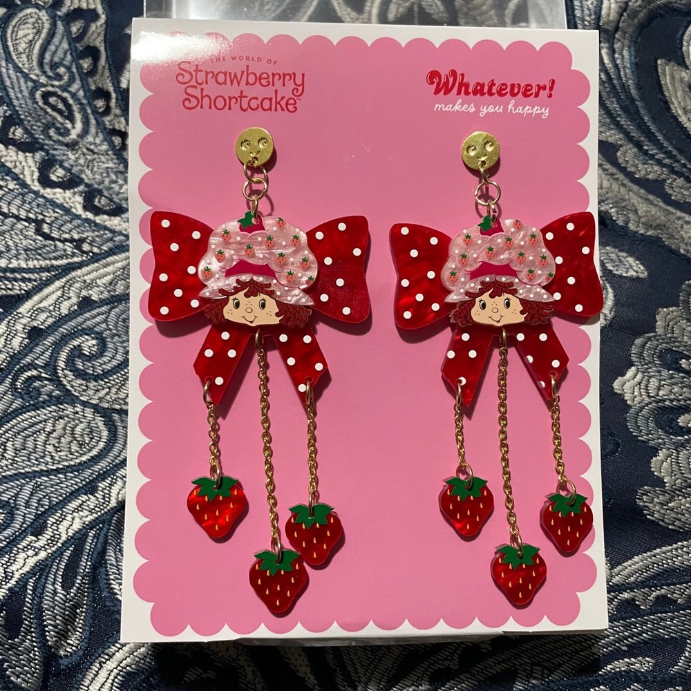 Strawberry Shortcake Red Polka Dot Bow Acrylic Dangle Earrings Whatever! New